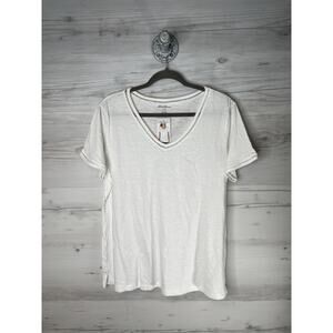 Eddie Bauer Shirt Womens Large White V Neck Slub Short Sleeve Ladder Trim Tee